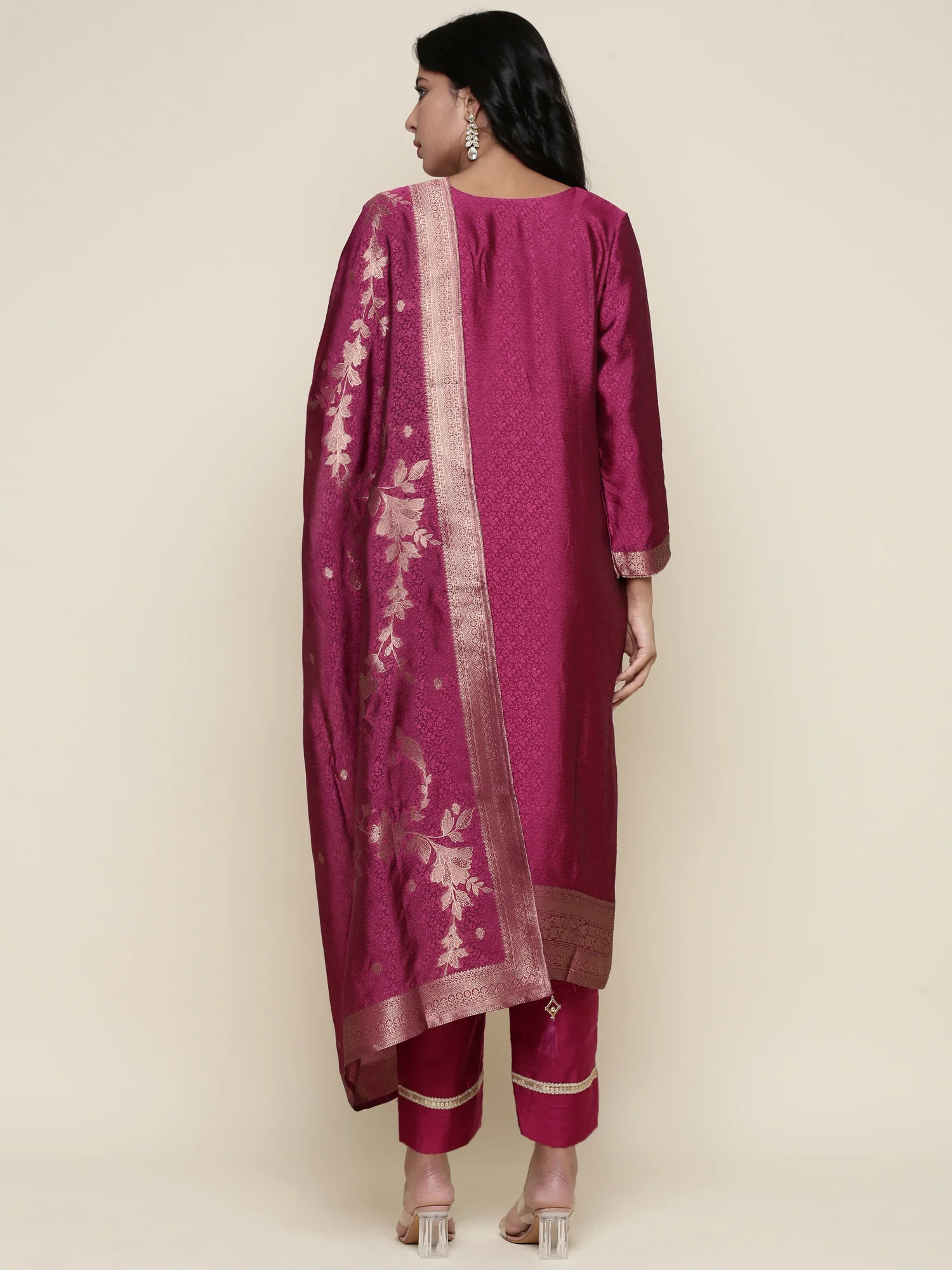 Magenta Silk embroidered three piece suit set - Image 4