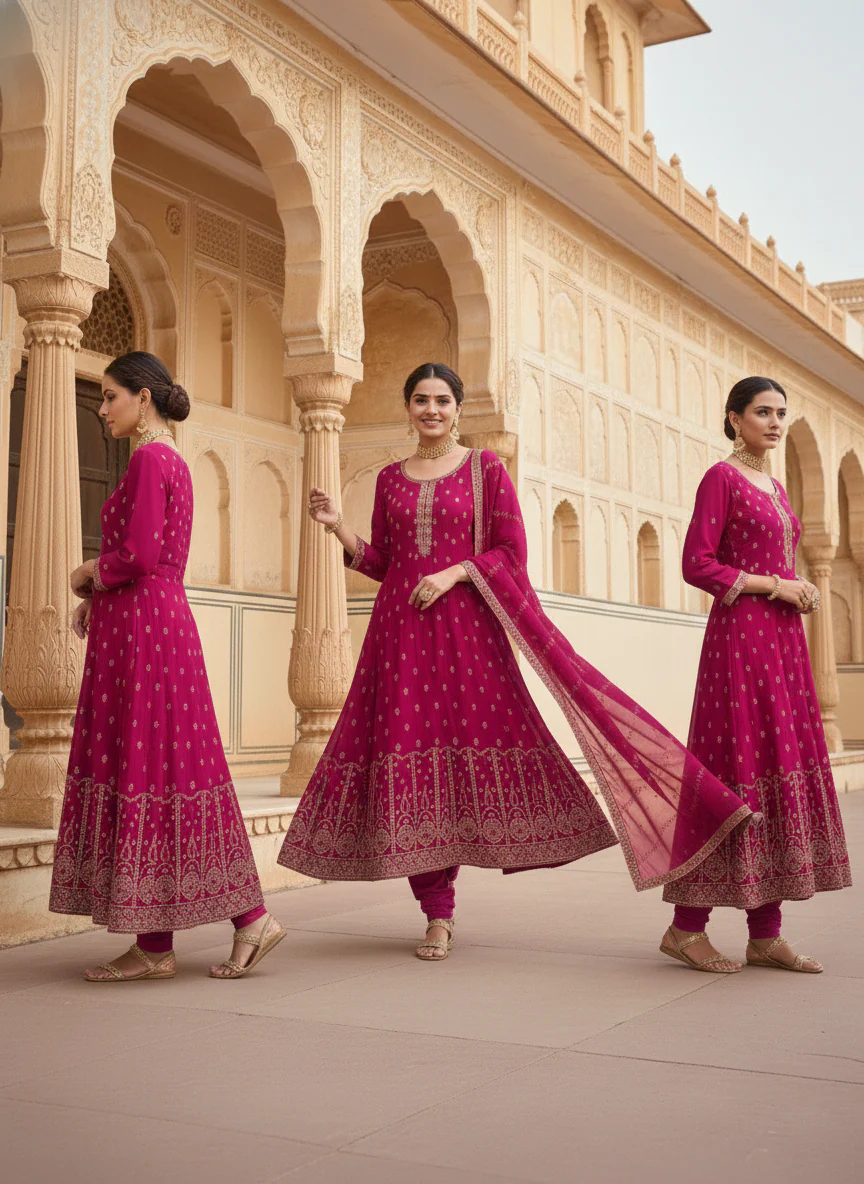 Magenta Silk Embroidery Anarkali Set - Image 4