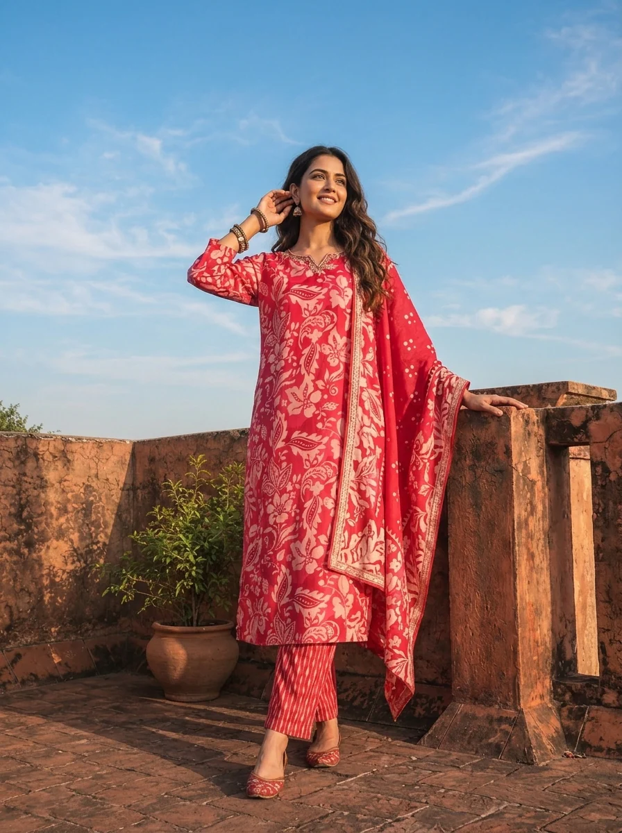 Magenta Silk Paisley Baroque Printed Three Piece Set