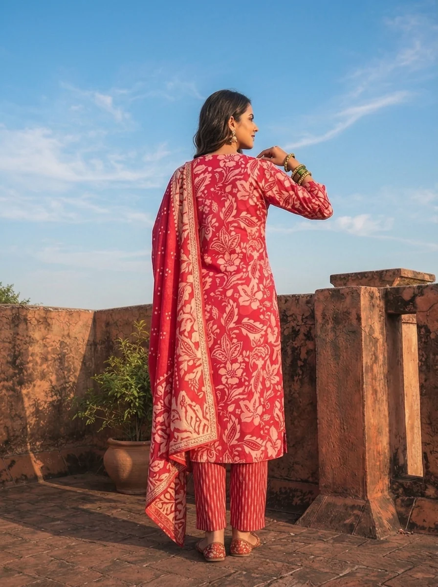 Magenta Silk Paisley Baroque Printed Three Piece Set - Image 2