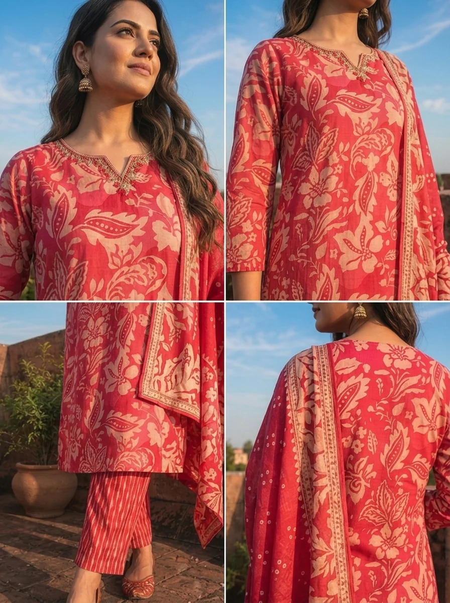 Magenta Silk Paisley Baroque Printed Three Piece Set - Image 5