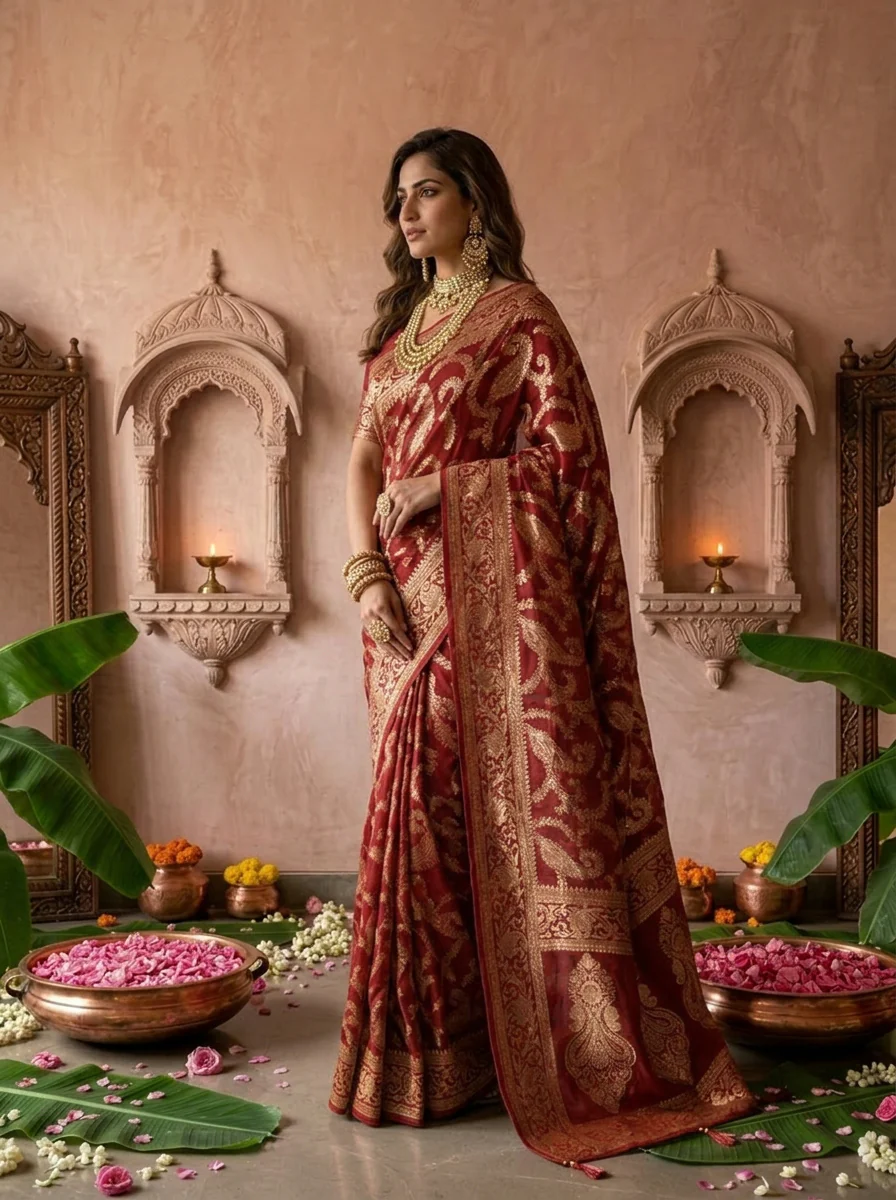 Maroon Banaras Floral Design Weaved Saree - Image 2