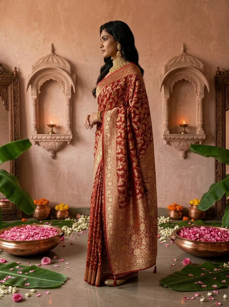 Maroon Banaras Saree With Heavy Floral Design - Image 2