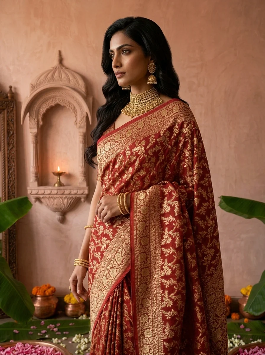 Maroon Banaras Saree With Heavy Floral Design - Image 3