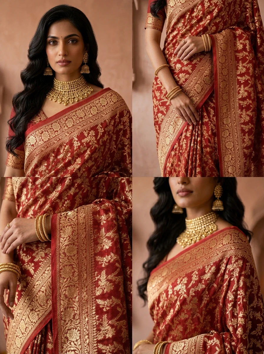 Maroon Banaras Saree With Heavy Floral Design - Image 4