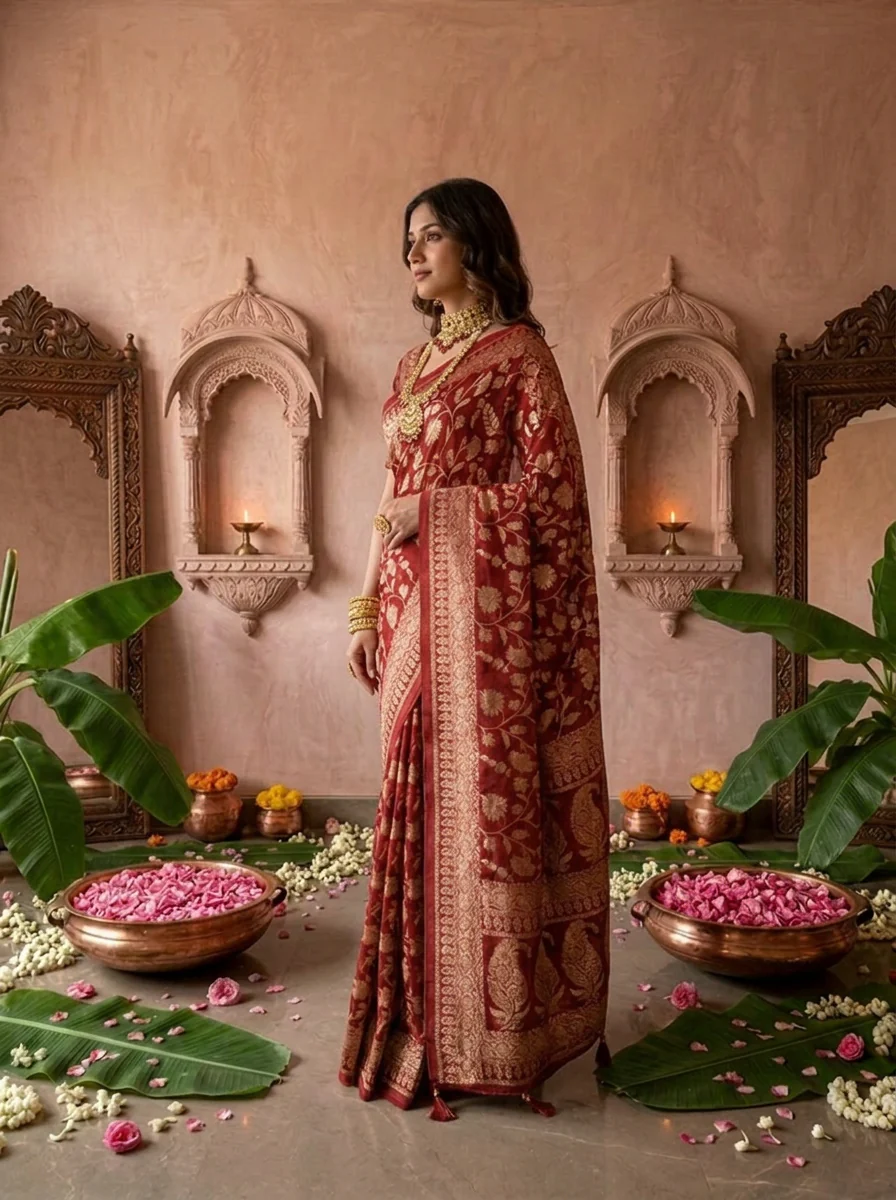 Maroon Banaras Weaved Saree With Floral Design - Image 2