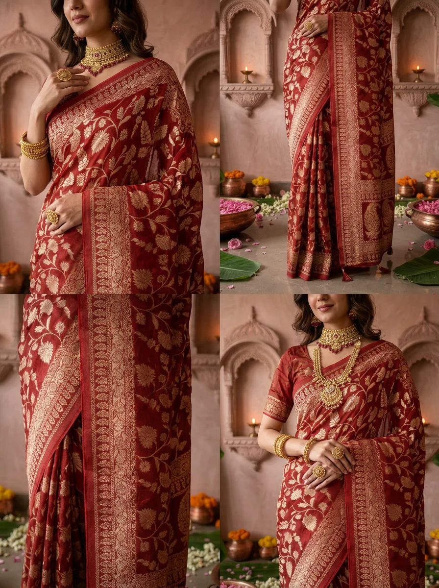 Maroon Banaras Weaved Saree With Floral Design - Image 4