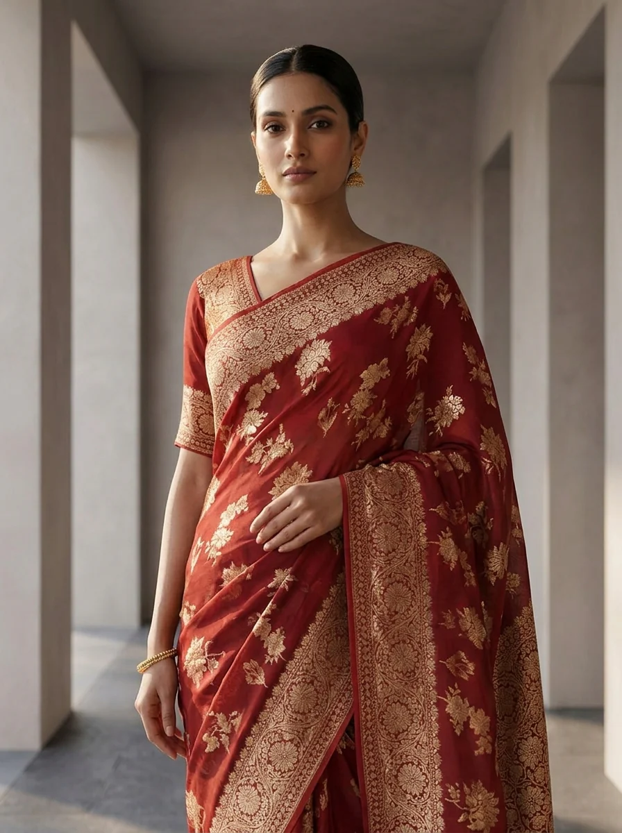 Maroon Banaras Weaved Saree With Floral Design - Image 3