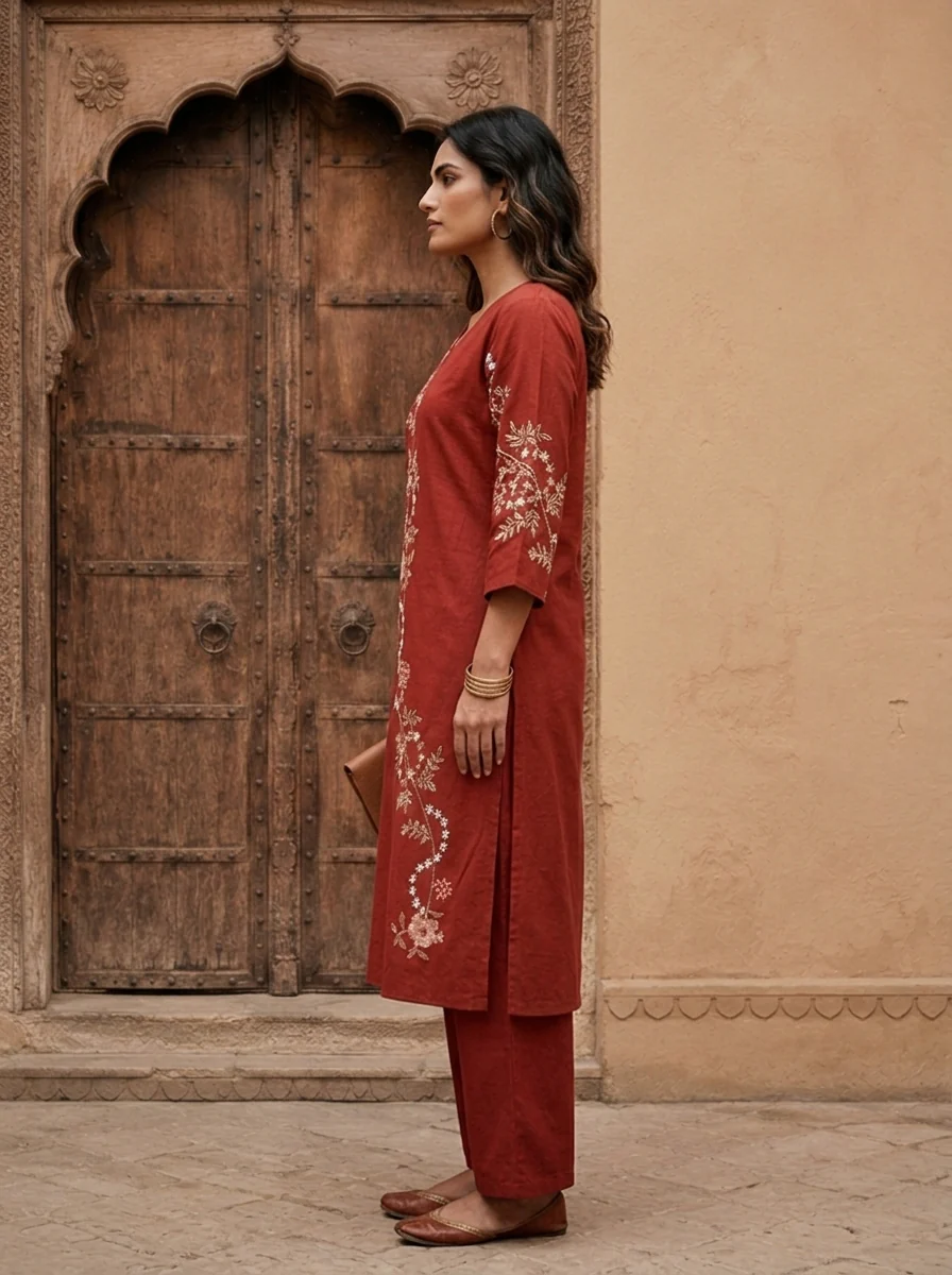 Maroon Cotton Floral Embroidery Two Piece Set - Image 3