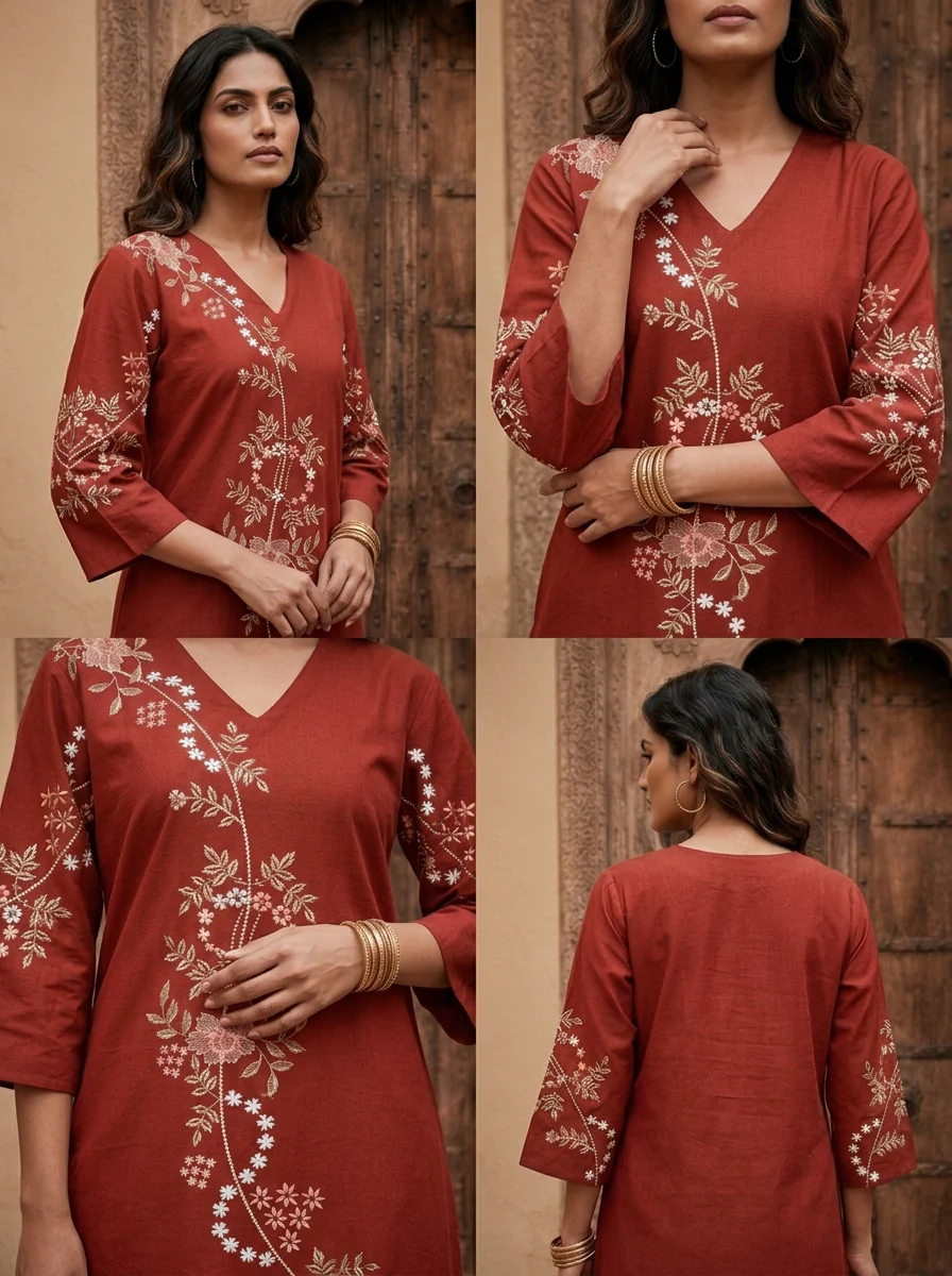 Maroon Cotton Floral Embroidery Two Piece Set - Image 5