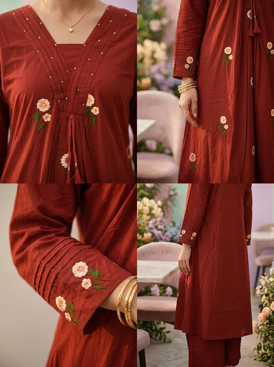 Maroon Cotton Floral Printed Two Piece Set - Image 2
