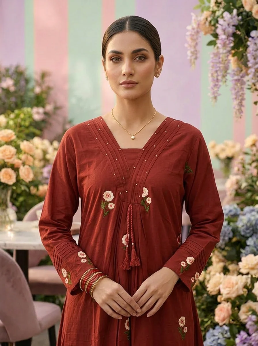 Maroon Cotton Floral Printed Two Piece Set - Image 3