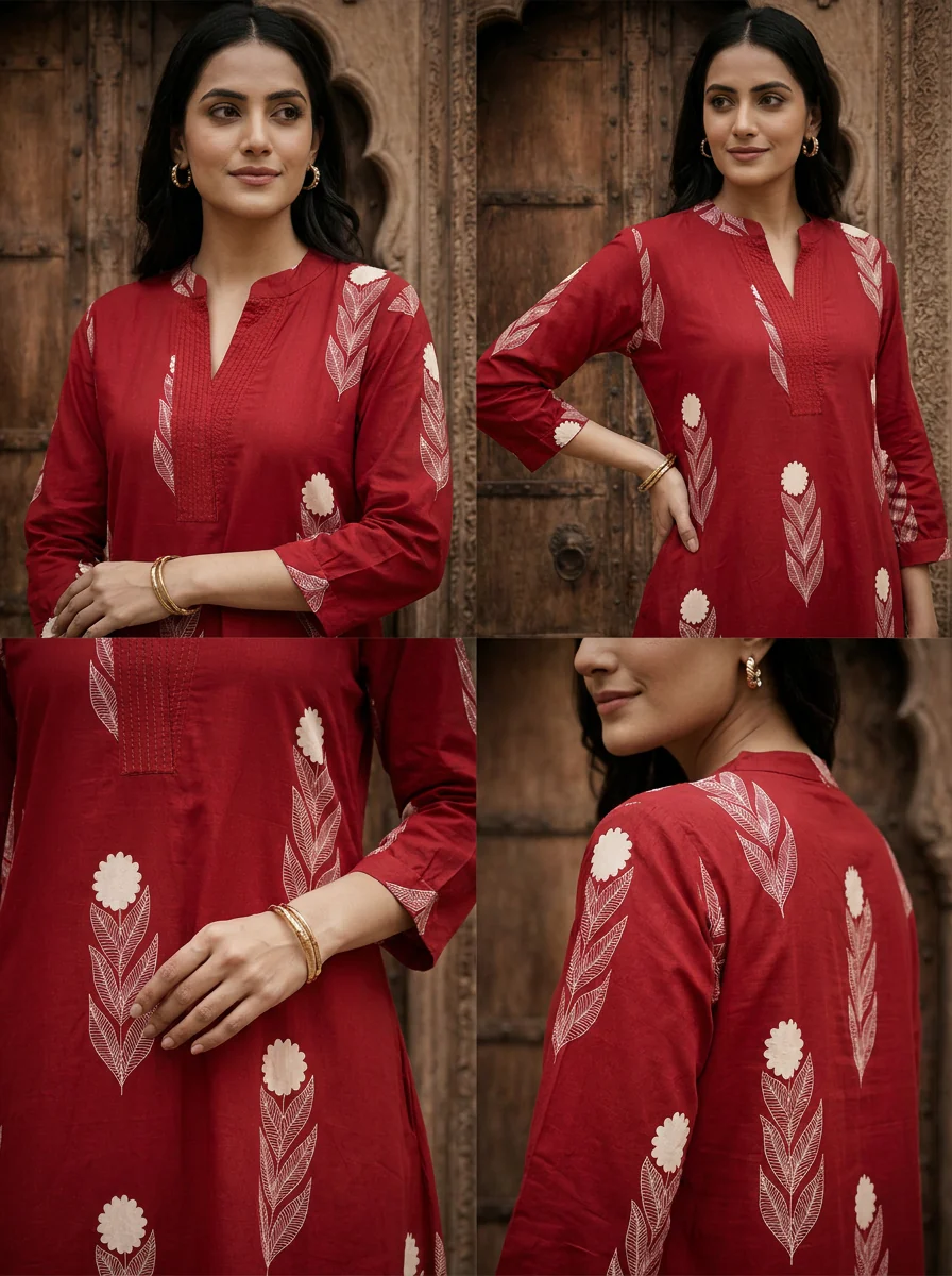 Maroon Cotton Hand Block Printed Two Piece Set - Image 5