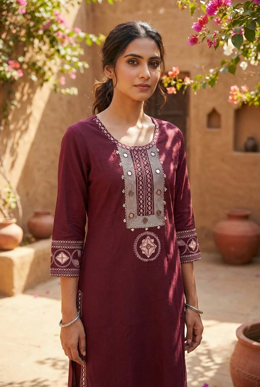 Maroon Cotton Hand Embroidery Kurta - Image 2