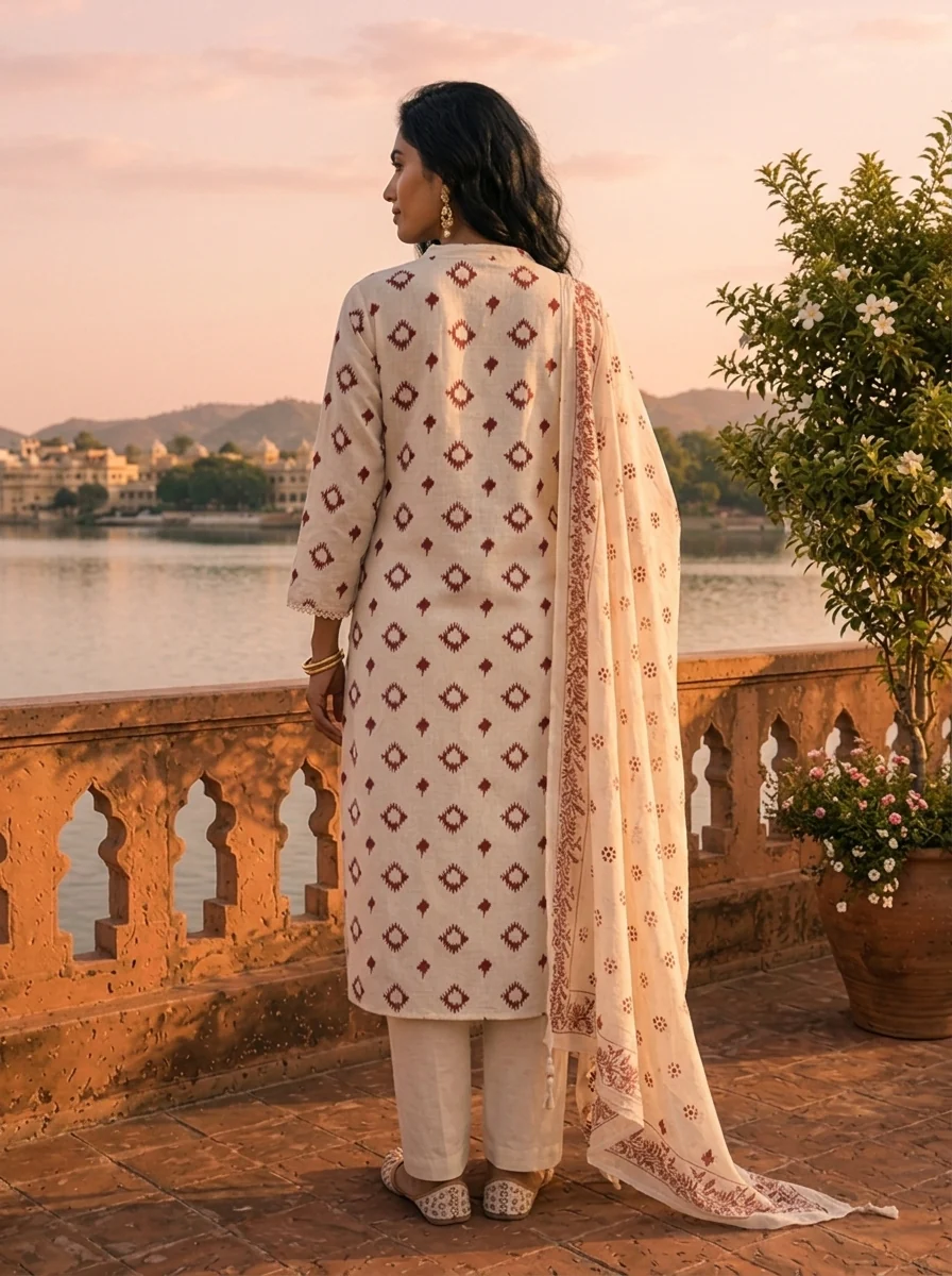 Maroon Cotton Ikat Printed Three Piece Set - Image 2