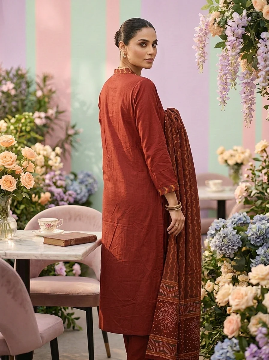 Maroon Cotton Mirror Embroidery Three Piece Set - Image 3