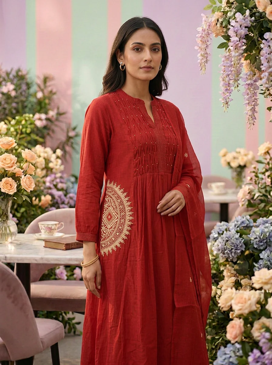 Maroon Cotton Printed Three Piece Set - Image 5