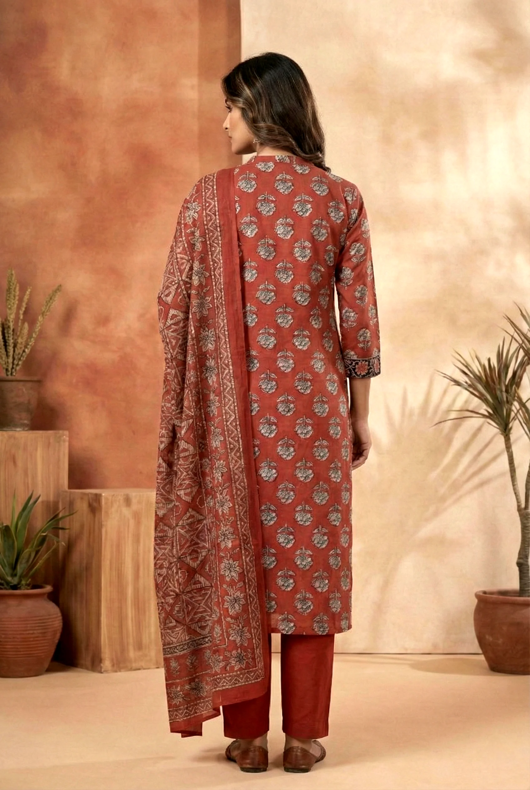 Maroon Cotton Printed Three Piece Set - Image 4