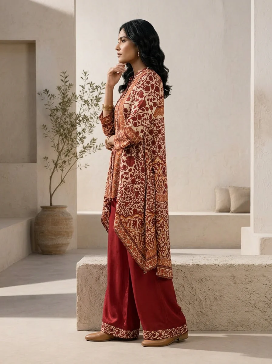 Maroon Crepe Floral Printed Two Piece Set - Image 2