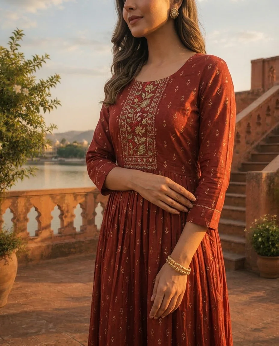 Maroon Crepe Gold Foil Buti Printed Dress - Image 4