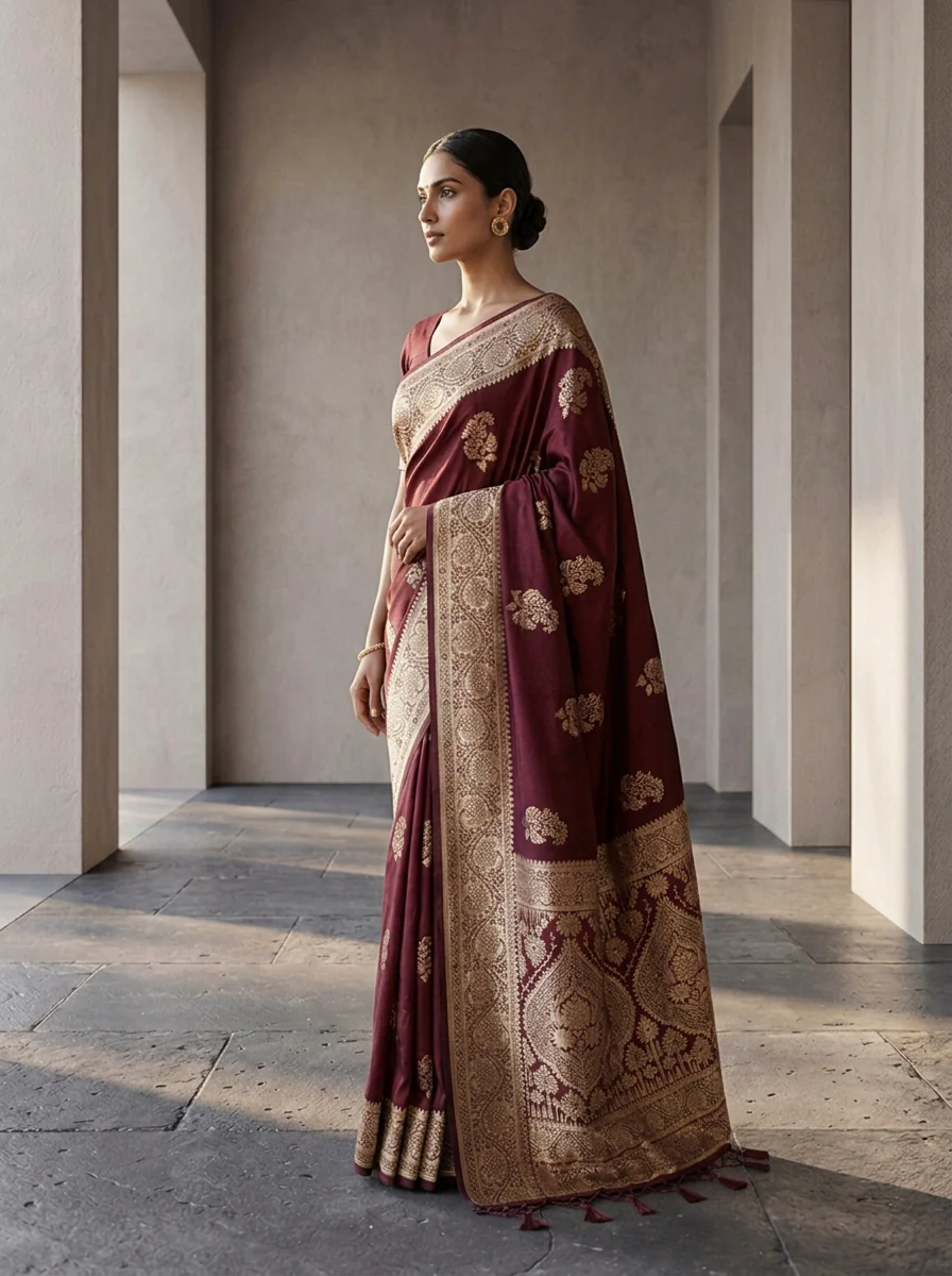 Maroon Floral Design Silk Saree - Image 3