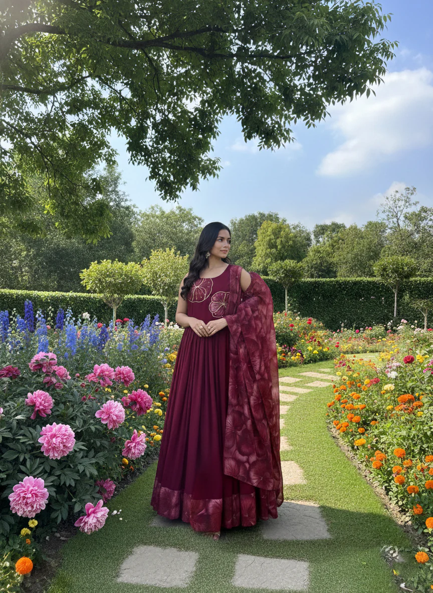 Maroon Georgette Floral Printed Long Dress - Image 3