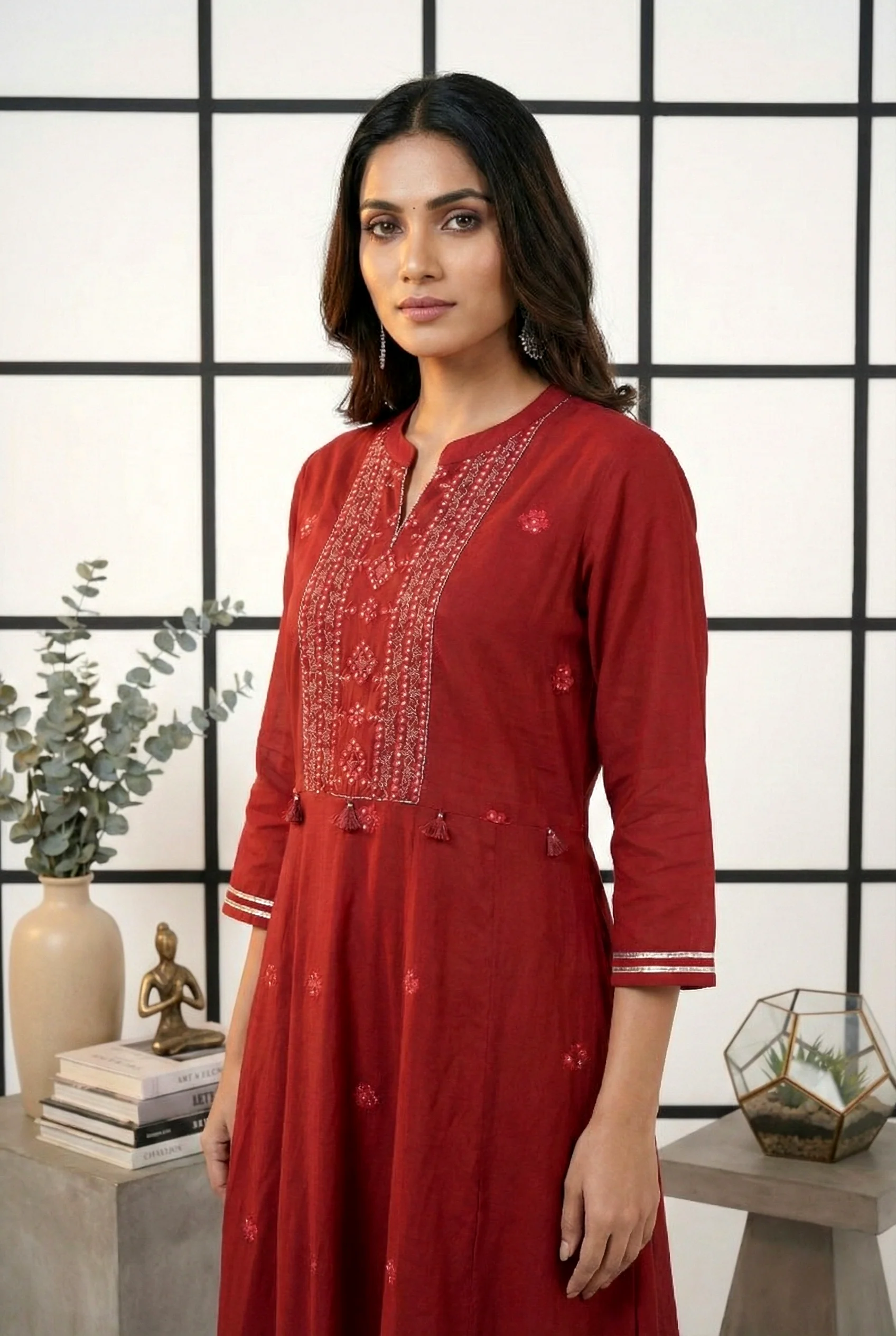 Maroon Georgette Hand Embroidery Long Dress - Image 3