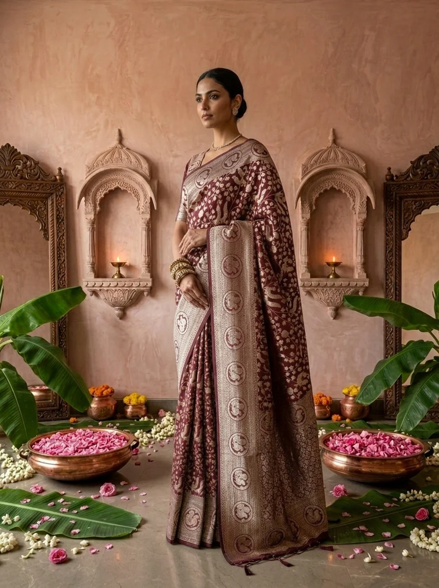 Maroon Heavy Floral Design Silk Saree - Image 3