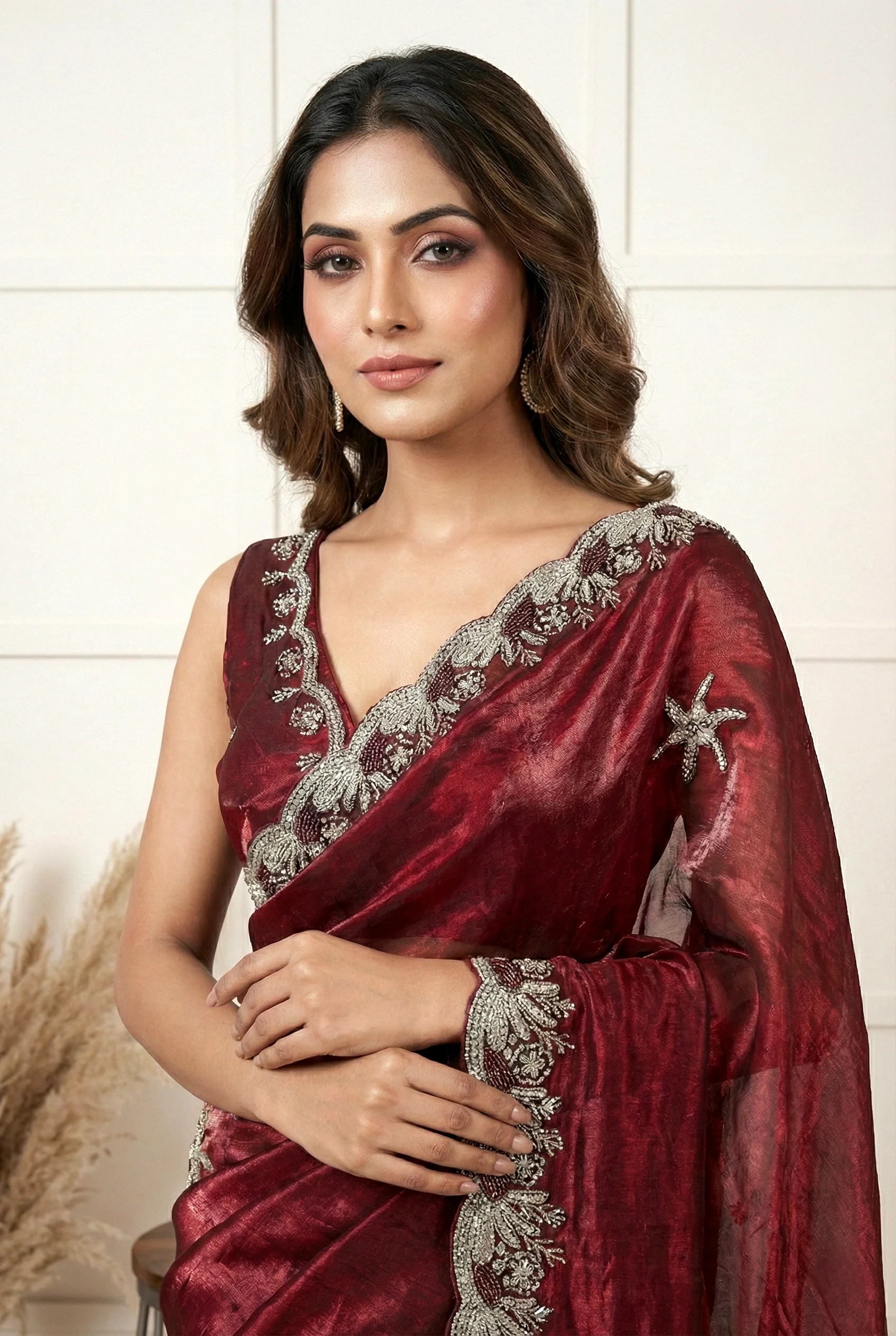 Maroon Jimmy Choo Zari Embroidery Saree - Image 2