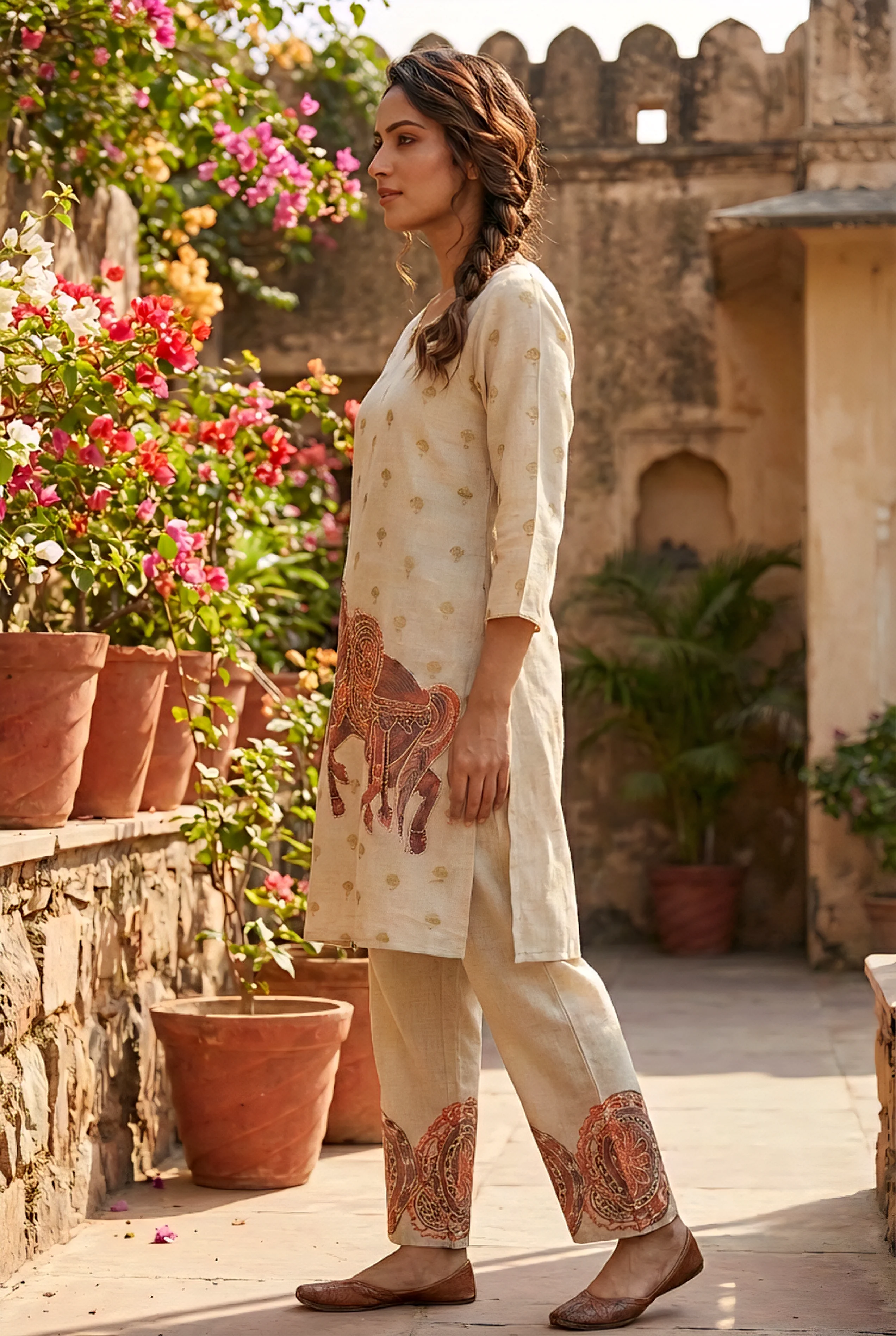 Maroon Linen Printed Two Piece Set - Image 2