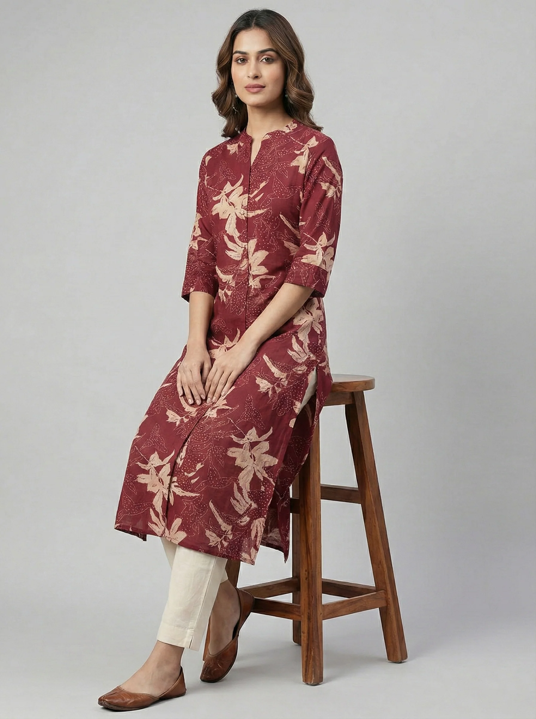 Maroon Modal Silk Floral Digital Print Kurta