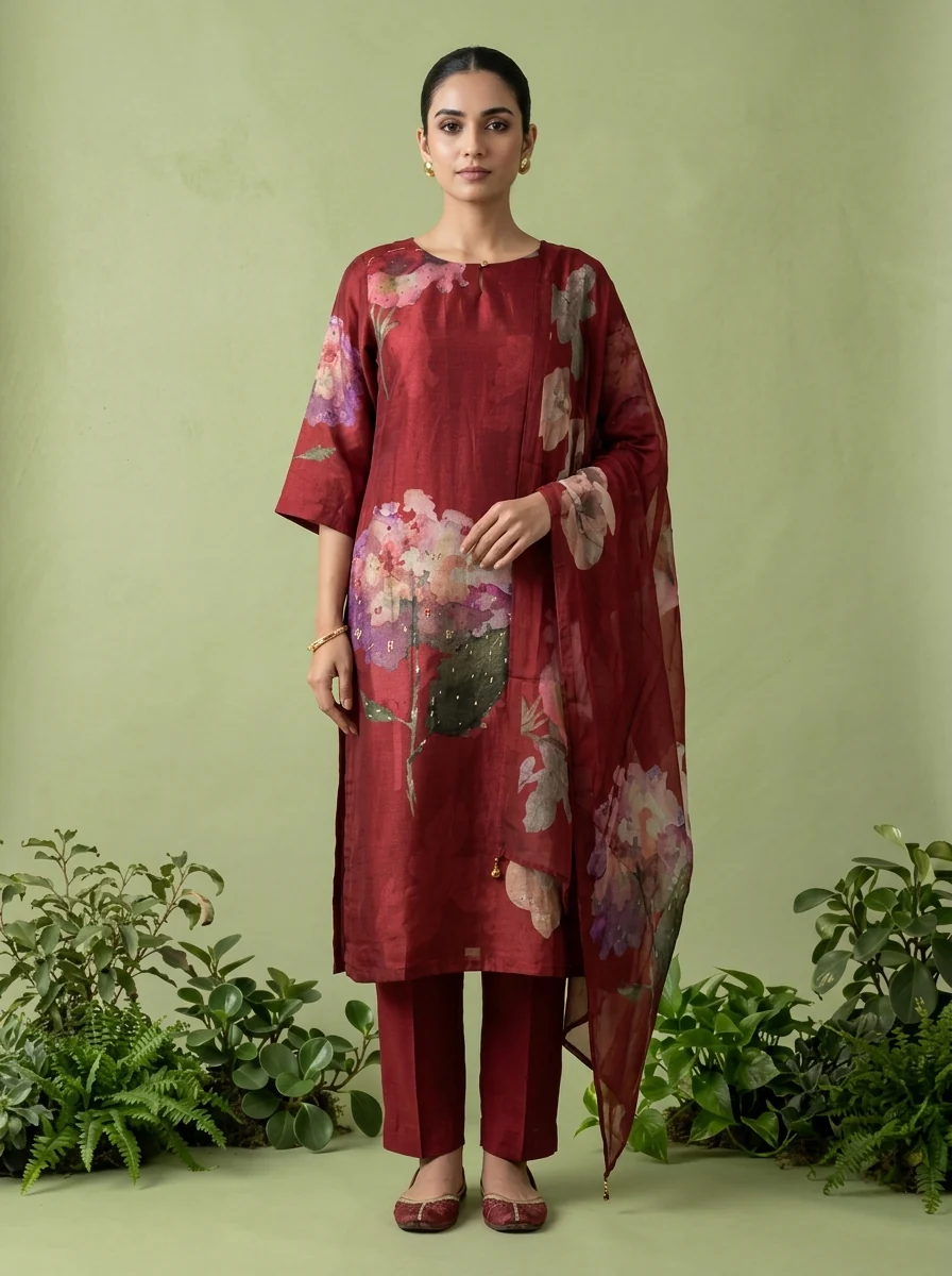 Maroon Muslin Floral Digital Printed Three Piece Set - Image 3