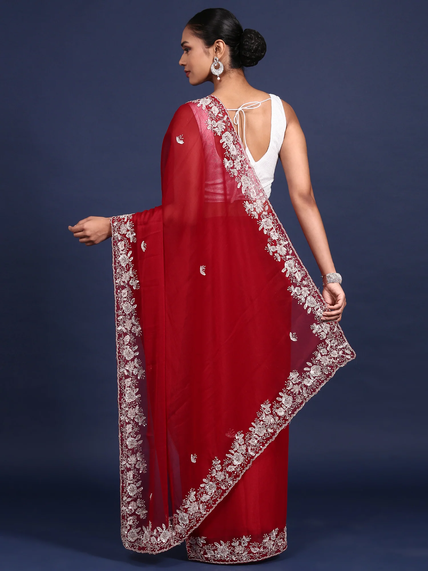 Maroon Organza Aari Embroidery Saree - Image 2