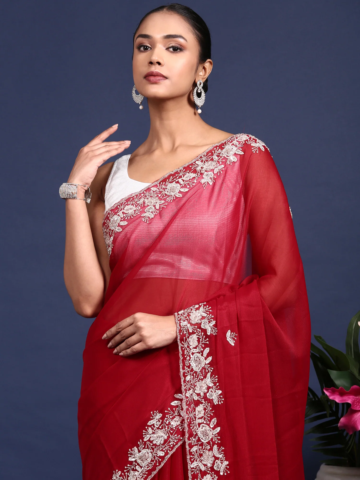 Maroon Organza Aari Embroidery Saree - Image 3