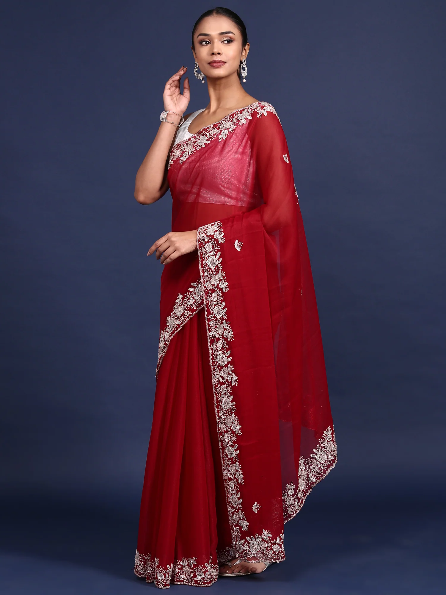 Maroon Organza Aari Embroidery Saree - Image 4