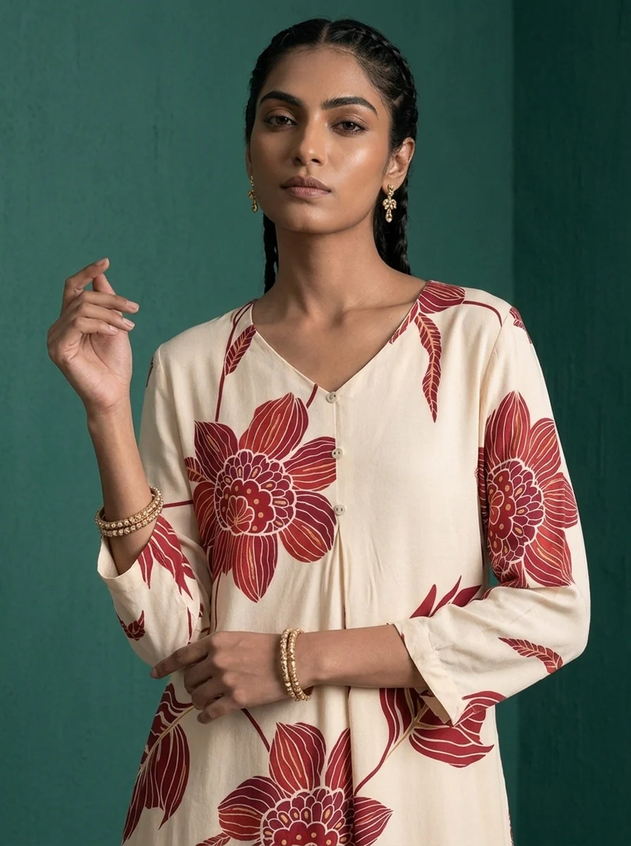 Maroon Rayon Large Botanical Floral Printed Two Piece Set - Image 4