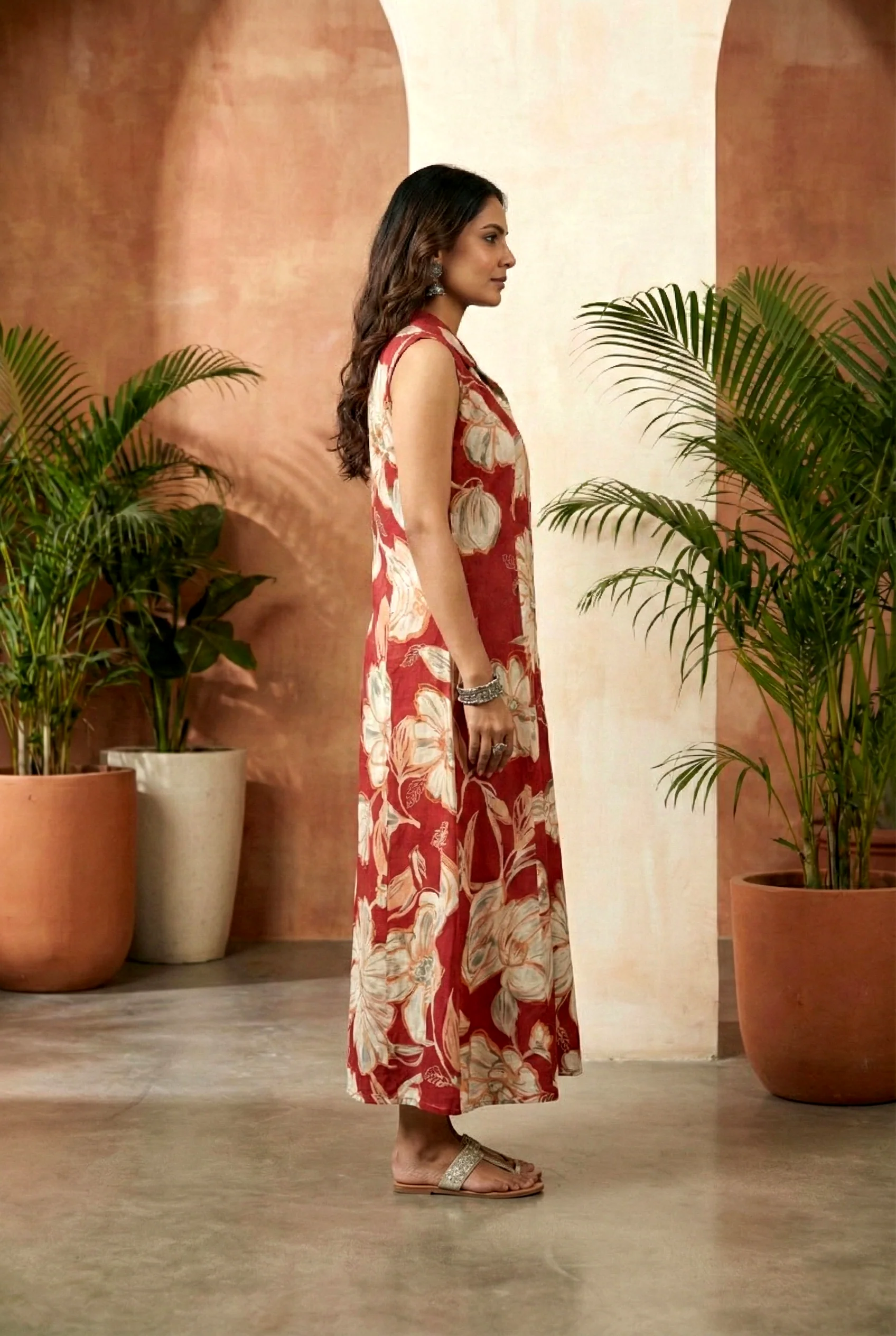 Maroon Rayon Printed Long Dress - Image 2