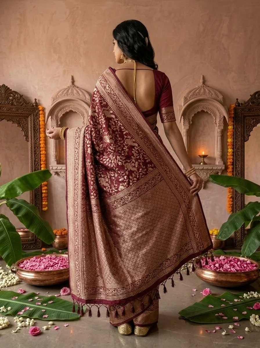 Maroon Silk Floral Weaved Saree - Image 2
