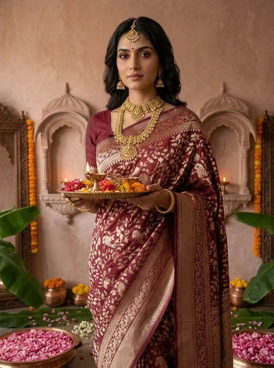 Maroon Silk Floral Weaved Saree - Image 4