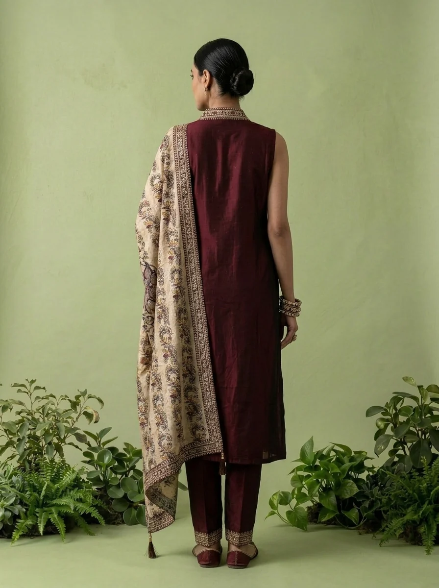 Maroon Silk Floral Zari Embroidery Three Piece Set With Contrast Dupatta - Image 4
