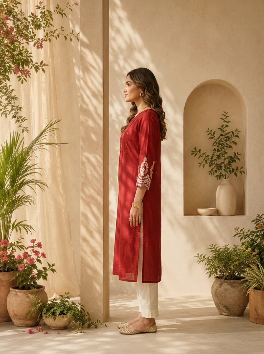 Maroon Silk Pleated And Solid Design Kurta - Image 3