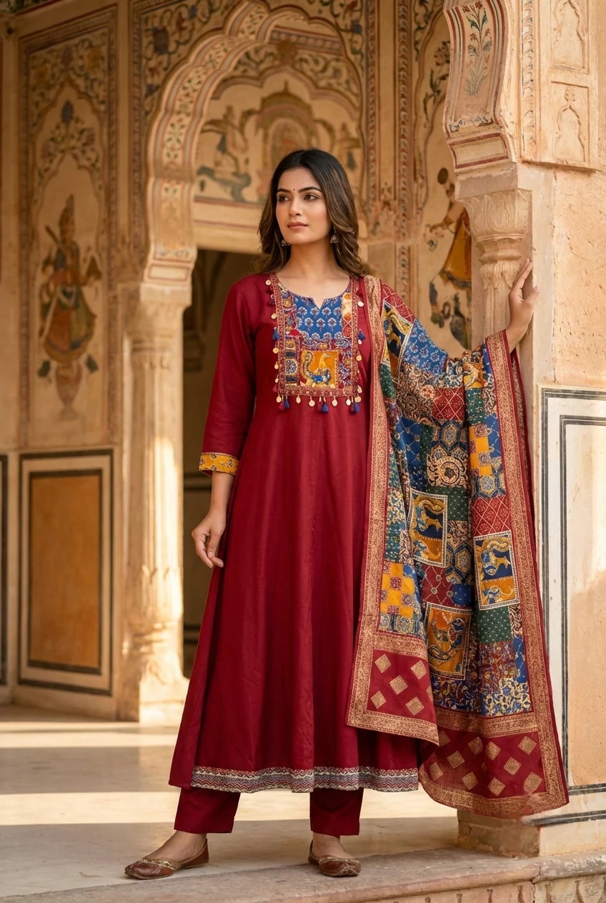 Maroon Silk Printed Three Piece Set