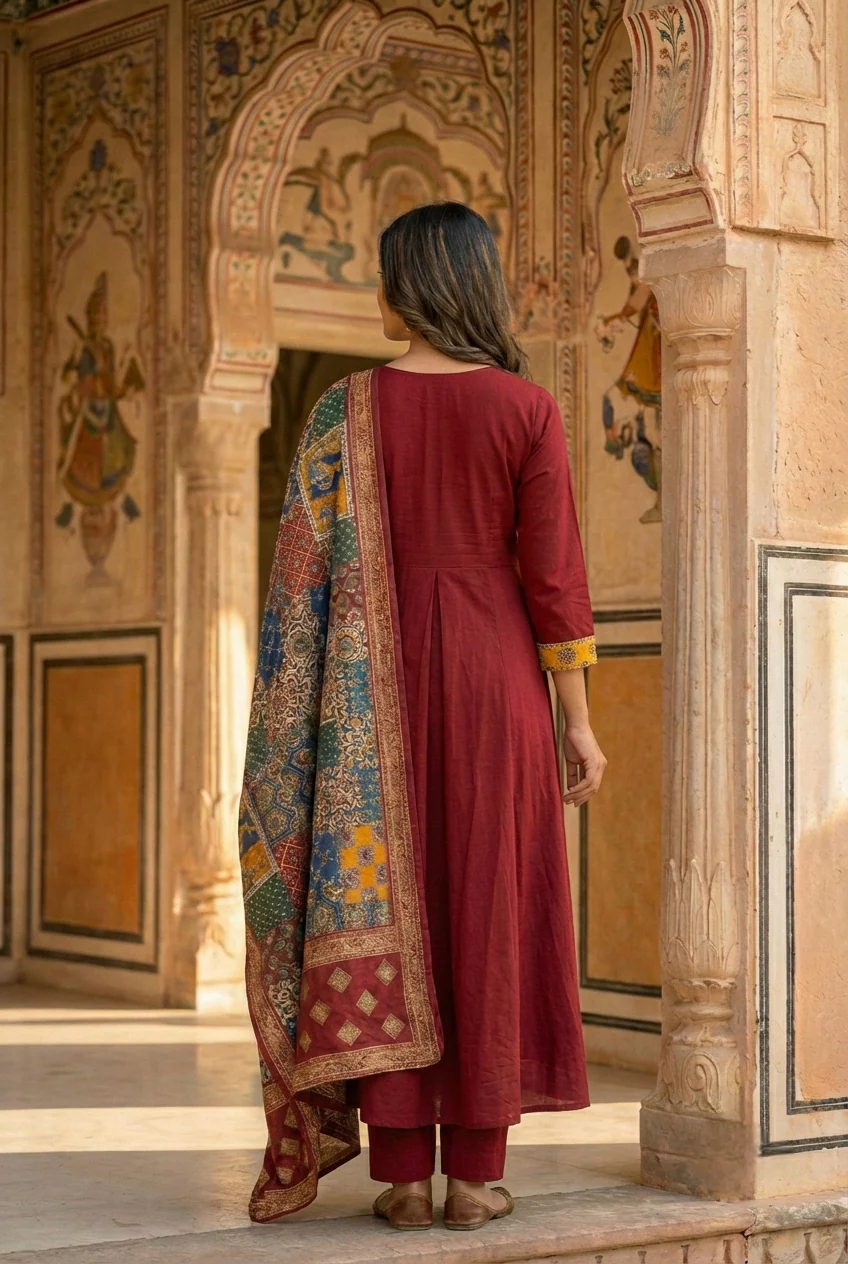 Maroon Silk Printed Three Piece Set - Image 2