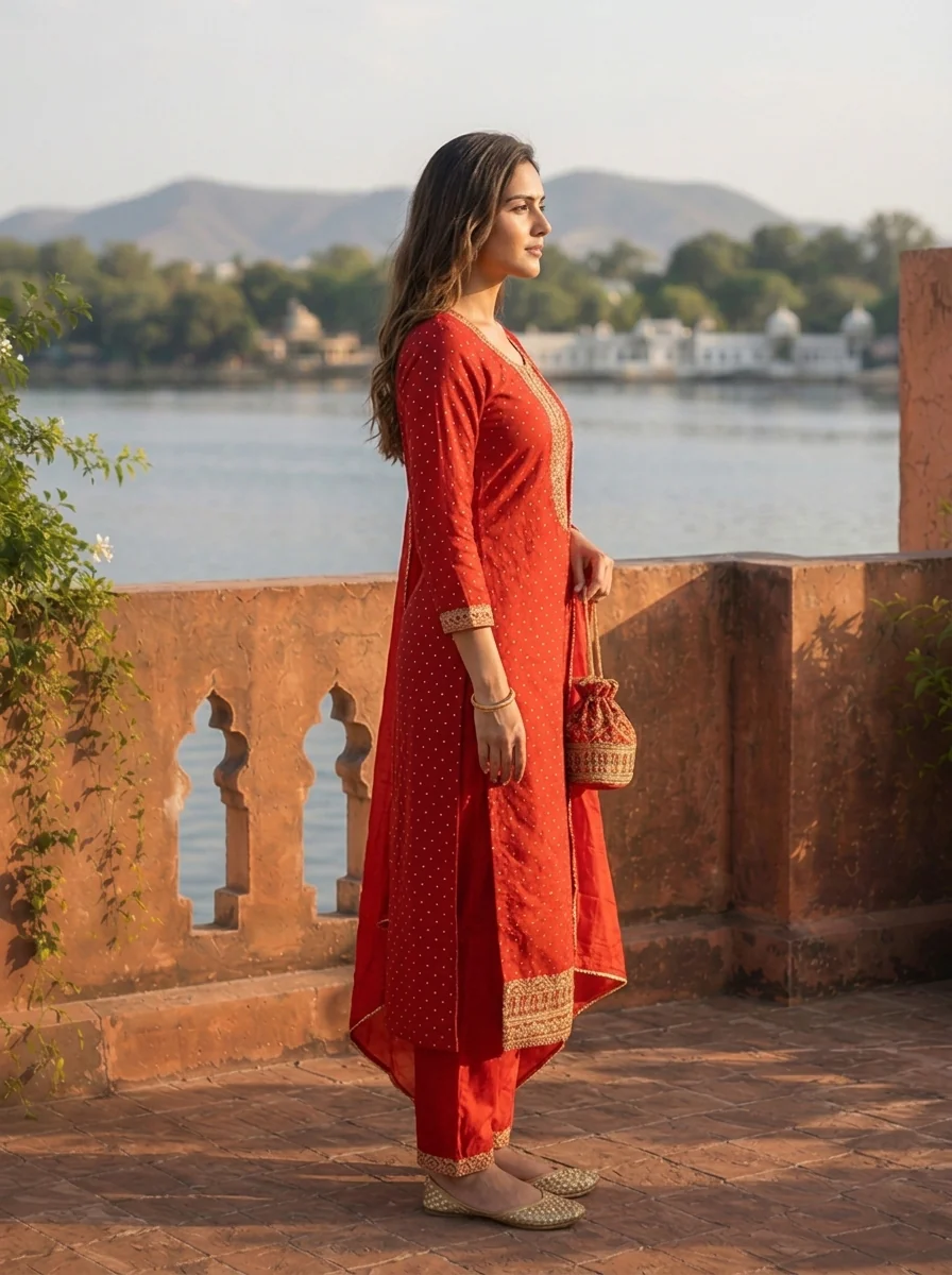 Maroon Silk Zari Printed Three Piece Set - Image 3