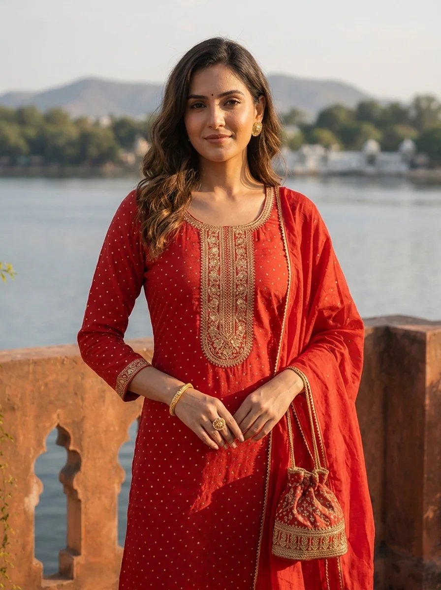 Maroon Silk Zari Printed Three Piece Set - Image 4