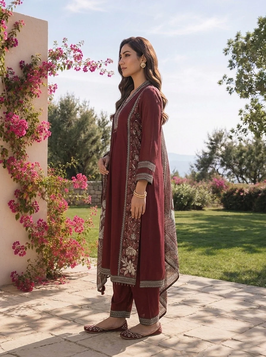 Maroon Solid Design Georgette Three Piece Set With Striped Design Dupatta - Image 3