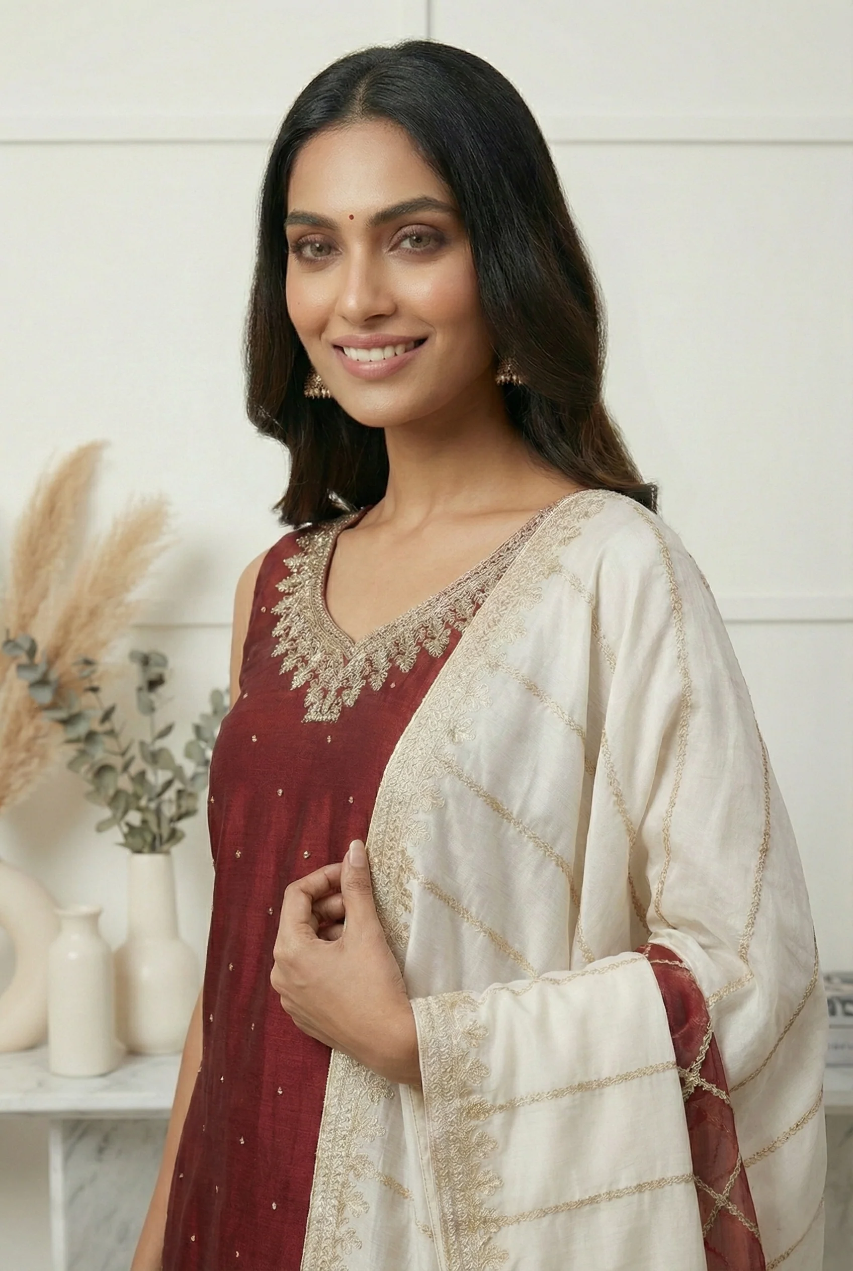 Maroon Vichitra Silk Embroidery Three Piece Set - Image 3