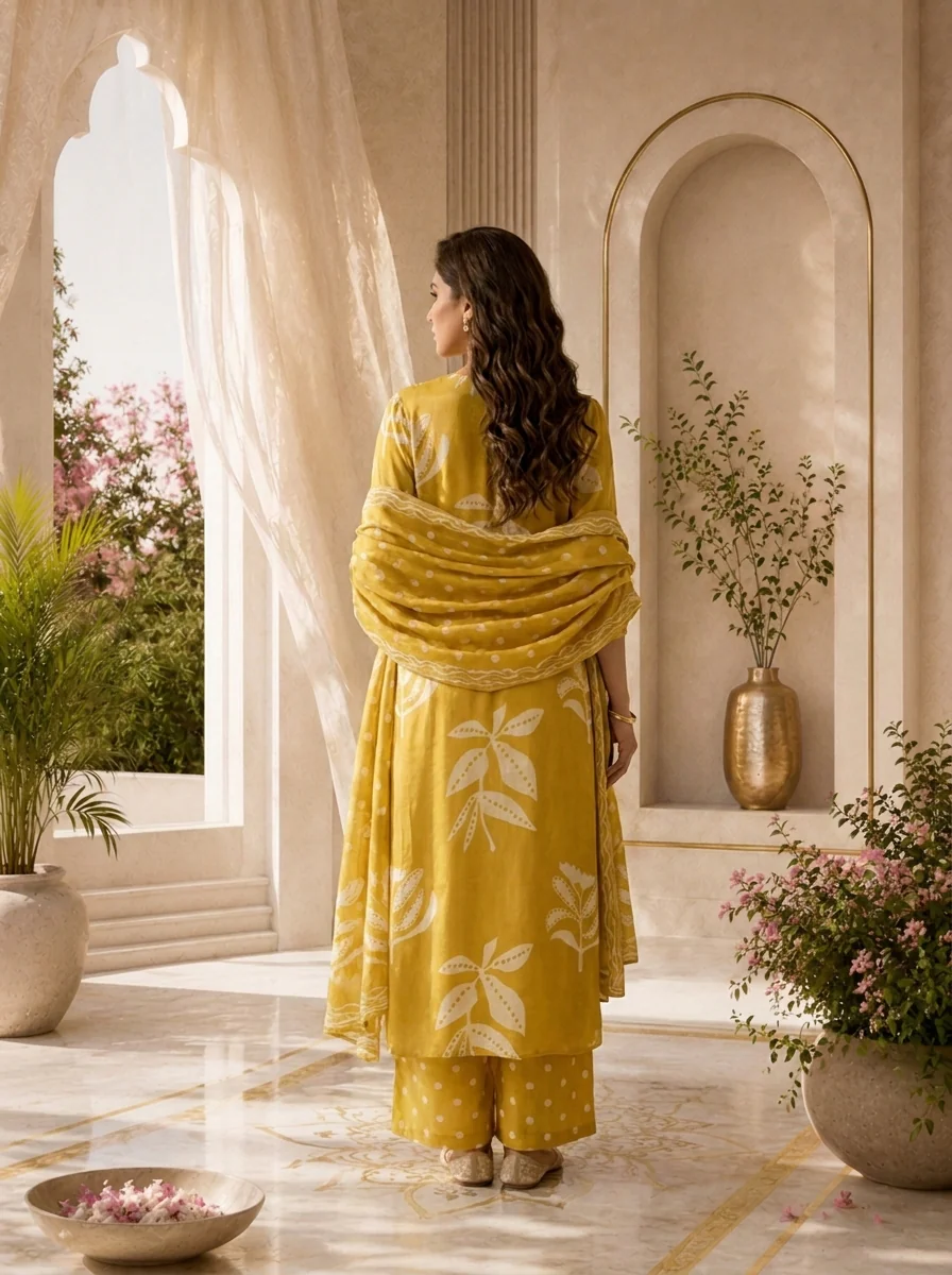 Mehadi Green Chiffon Polka Design Three Piece Set With Floral Printed Dupatta - Image 2