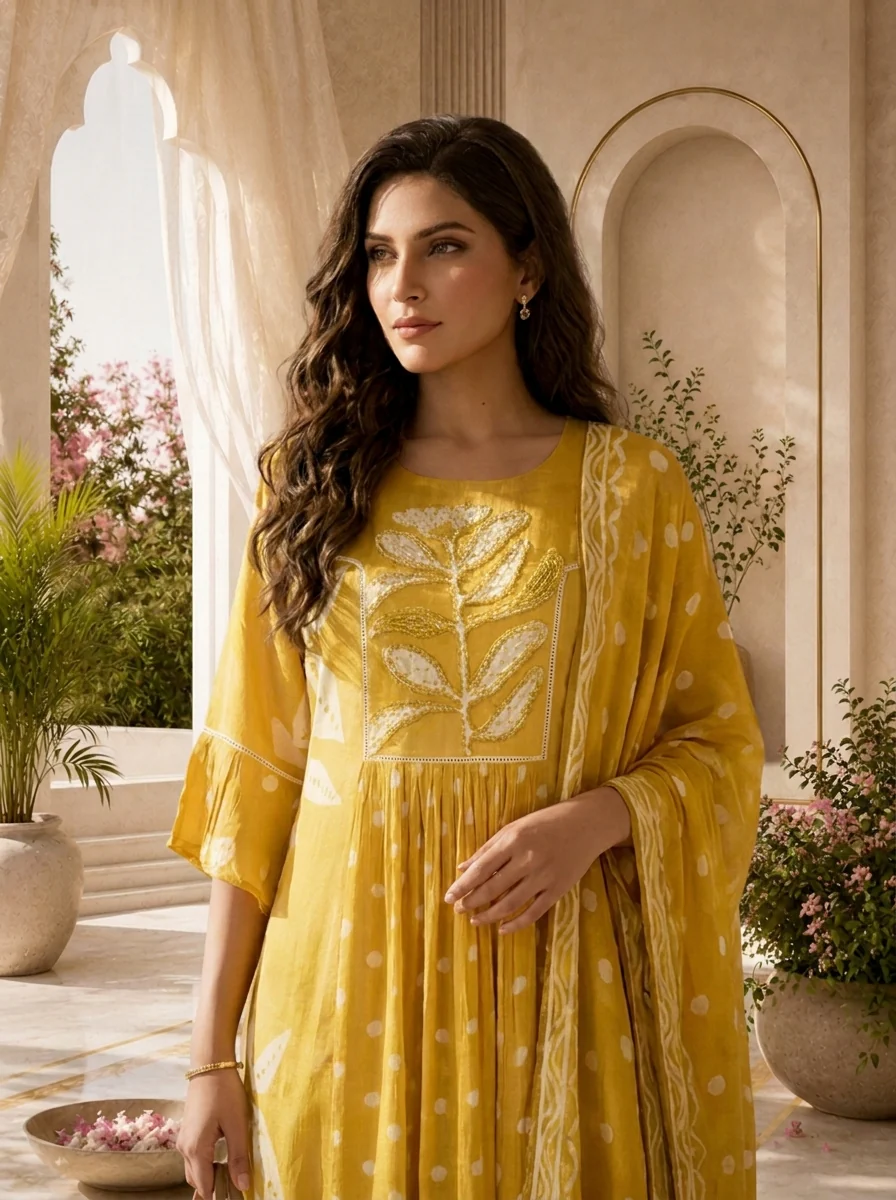 Mehadi Green Chiffon Polka Design Three Piece Set With Floral Printed Dupatta - Image 4