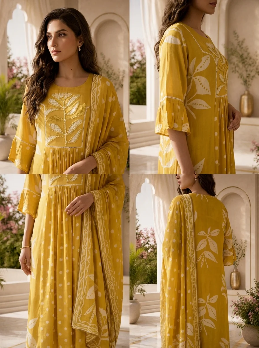 Mehadi Green Chiffon Polka Design Three Piece Set With Floral Printed Dupatta - Image 5